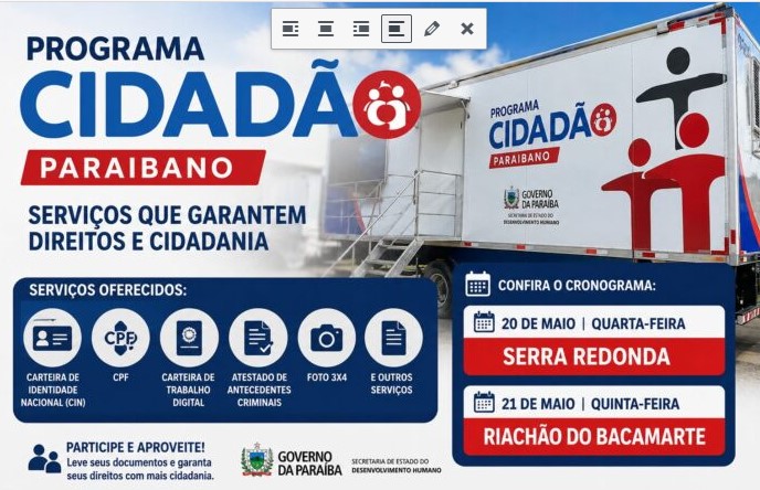 Programa Cidadão Paraibano leva serviços gratuitos à população de Serra Redonda nesta quarta 20 e Riachão do Bacamarte na quinta 21