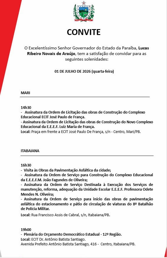 Governador Lucas Ribeiro cumpre agenda em Mari e Itabaiana nesta quarta-feira com anúncio de obras e plenária do Orçamento Democrático