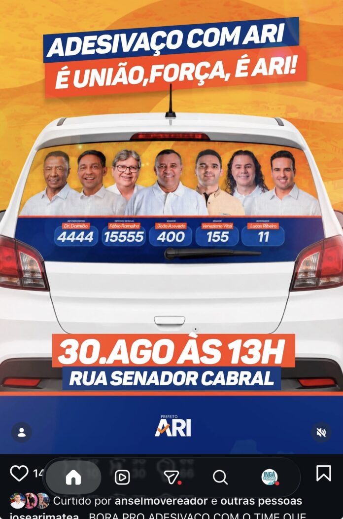 Grupo político liderado pelo prefeito Ari promove adesivaço em Riachão neste domingo