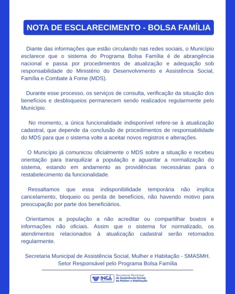 NOTA DE ESCLARECIMENTO – BOLSA FAMÍLIA (Ingá -PB)
